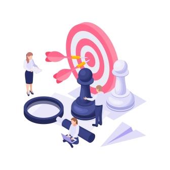 Isometric business concept with colorful target chess pieces magnifier working characters vector illustration